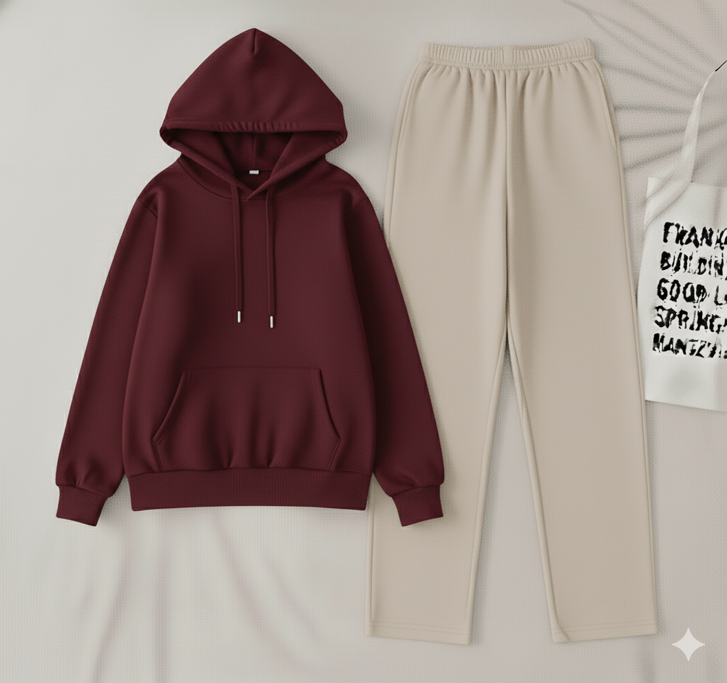 Mahroon hoodie & White flapper Trouser