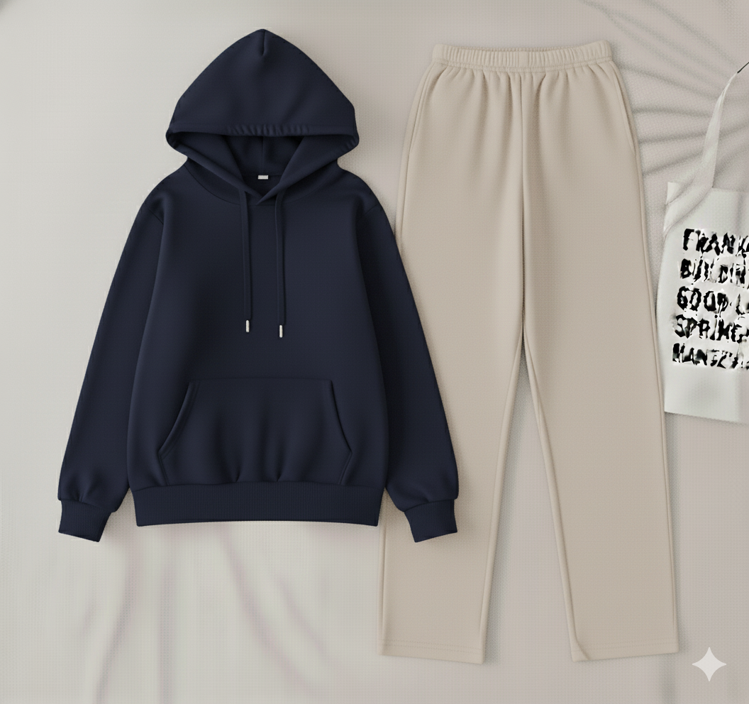 Navy Blue hoodie & White flapper Trouser