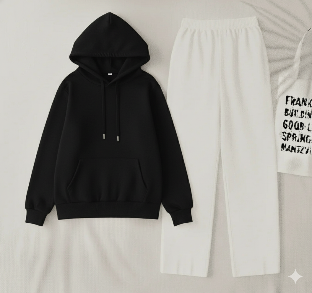 Black hoodie & white flapper Trouser