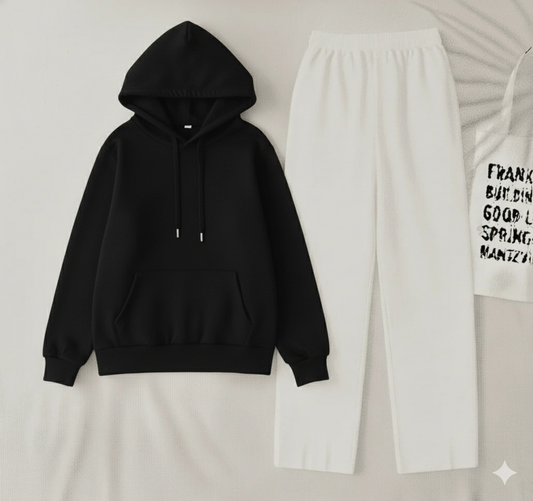 Black hoodie & white flapper Trouser
