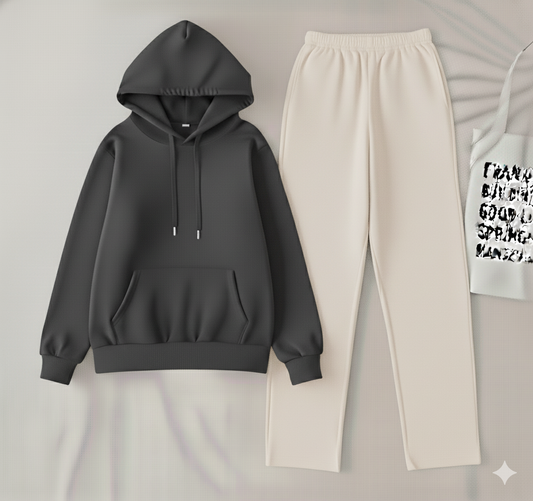 Charcoal hoodie & white flapper Trouser