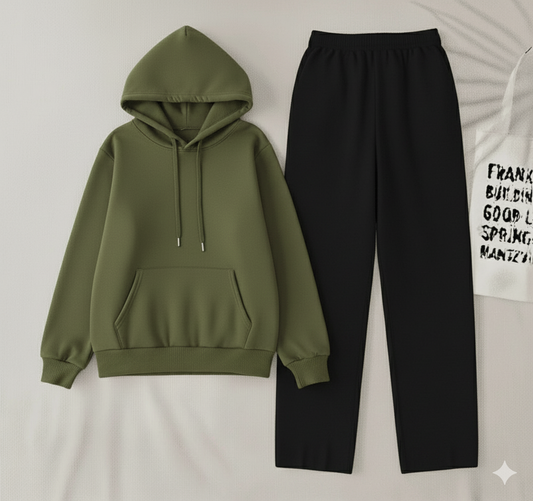 Olive Green Hoodie & black flapper Trouser