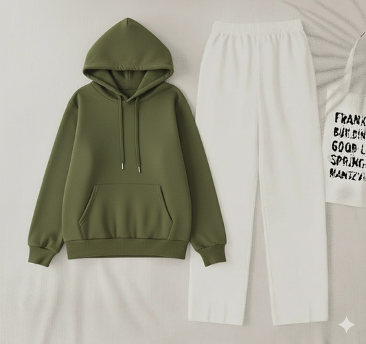 Olive Green Hoodie & White flapper Trouser