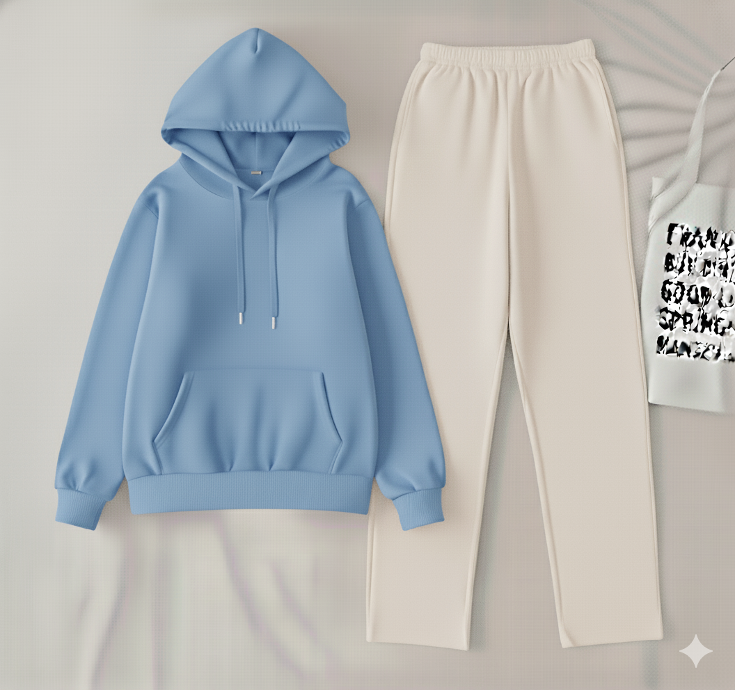 Sky blue hoodie & white flapper Trouser