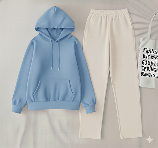 Sky blue hoodie & white flapper Trouser